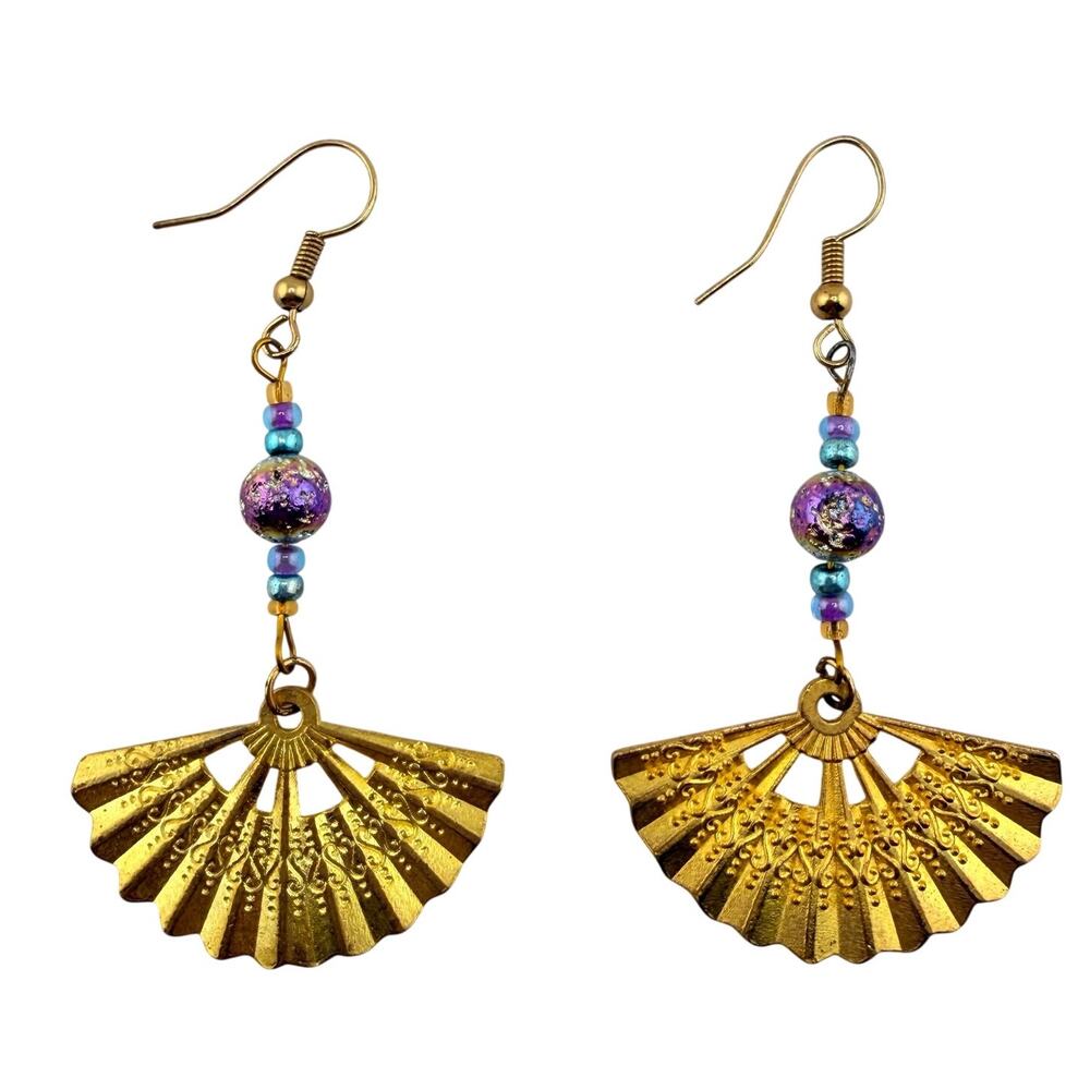 Handmade Vintage Style Folding Fan Multicolor Art Glass Beads 2.5" Earrings